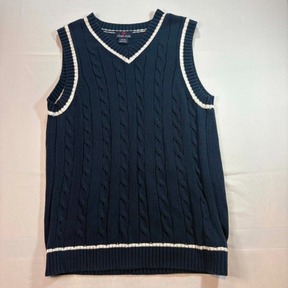 Class Club Boys Sweater Vest Size 16/18 Navy Blue Cable Knit Varsity Trim Cotton
